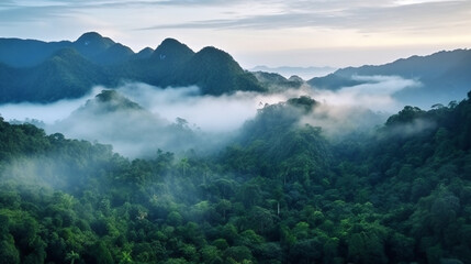 Foggy landscape in the jungle. Fog and cloud mountain tropic valley landscape