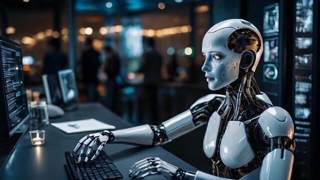 A humanoid robot working on a computer in a modern tech environment