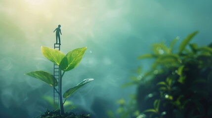 A man standing on a ladder next to a small plant in a misty forest, symbolizing hope and growth.
