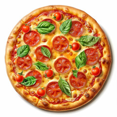pizza pepperoni basil tomato cheese crust toppings italian cuisine food delicious meal baked fresh savory homemade dinner 