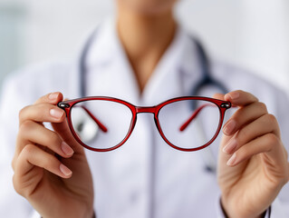 A healthcare professional holding a pair of red eyeglasses in a bright clinic during a routine eye examination