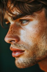 Obraz premium Close-up profile portrait of a handsome man with brown hair looking away.