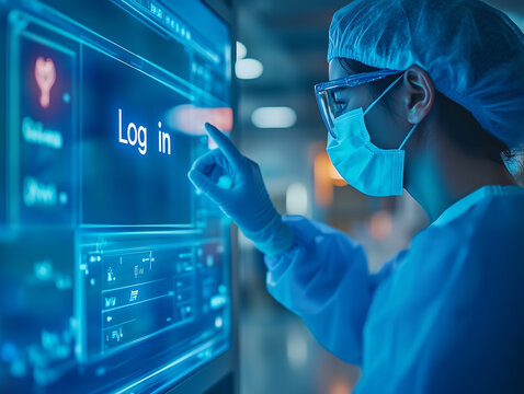 A healthcare worker logs into a digital system in a medical facility at night while wearing protective gear - Powered by Adobe