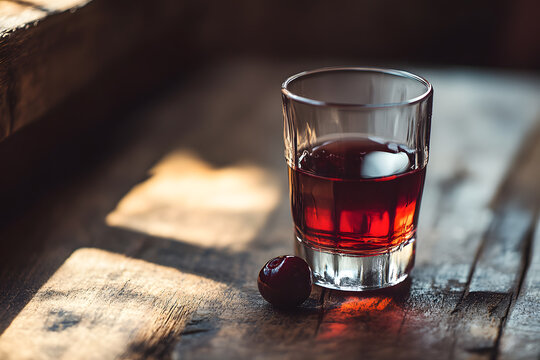 Deep ruby-red Ginginha in a small glass with a cherry, warmly glowing on a rustic table, evoking a traditional Portuguese tavern