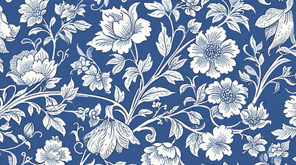 A blue and white floral pattern with flowers, leaves, and vines, antique Victorian print, seamless wallpaper, patterns, background, backdrop, wallpaper