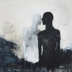 art painting abstract black and white figures shadows silhouettes modern art contemporary art emotional contrast minimalist dark and light human forms 