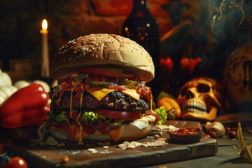 Burger decorated for Halloween with spooky ingredients and setting, ready to be enjoyed in the spirit of the holiday.