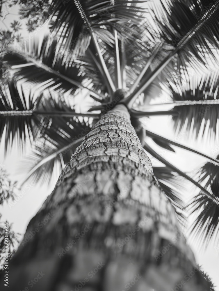 Poster a close-up view of a palm tree trunk with fronds visible. the image has a bokeh effect, possibly due