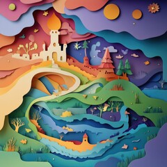 Naklejka premium Papercut Whimsical Scenes with Mythical Creatures, Magical Landscapes, and Fairy-Tale Elements: Abstract Simple Minimal Joyful and Colorful 2D Layered Layout