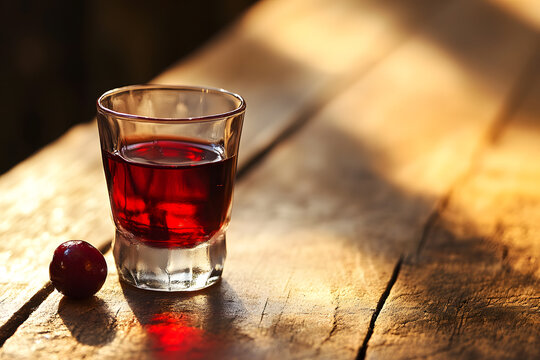 Traditional Ginginha with a cherry in a small glass, glowing warmly on a rustic wooden table in a cozy Portuguese tavern