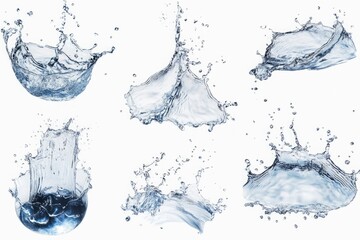 Splash and droplets of water on various surfaces, in different stages of falling.