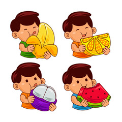  Kids Boy Eat Vector Illustration