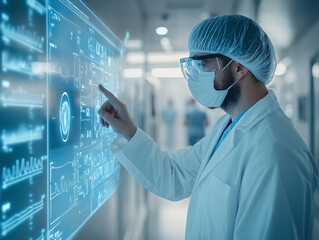 Healthcare professional interacting with digital patient data in a modern medical facility during the day