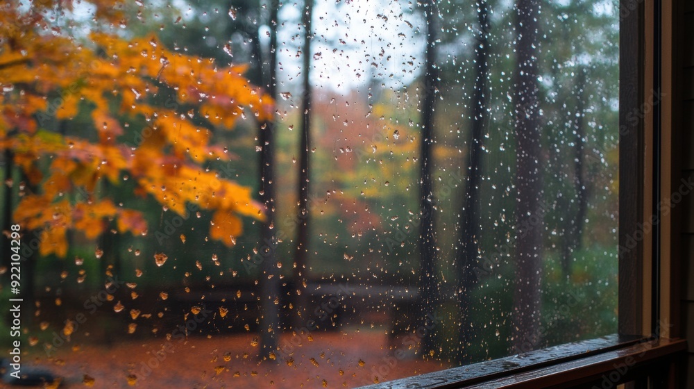 Poster a view of a window with rain drops on it and trees in the background, ai