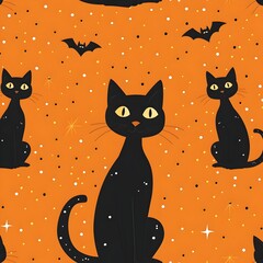 Playful Black Cat Pattern with Halloween Motifs in Cartoon Style