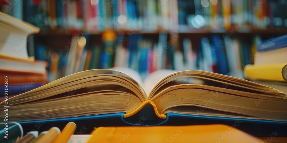 Poster rows of books on shelves, indicating a library setting. the books are neatly arranged and could be u