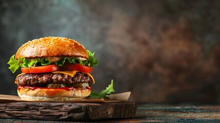 Delicious beef burger with fresh toppings on a wooden serving board.