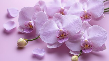 Fototapeta premium Delicate pink and white orchids lying on pink background