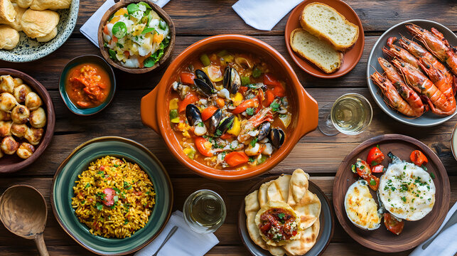Traditional Portuguese meal with diverse dishes on a rustic table, featuring seafood Cataplana, Bacalhau, and sweet desserts