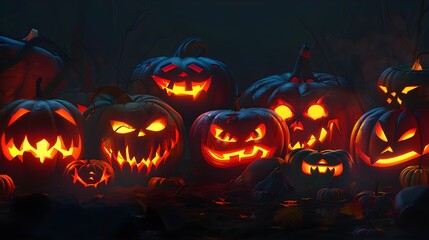 Naklejka premium illuminated carved pumpkins with different evil faces in darkness at Halloween night
