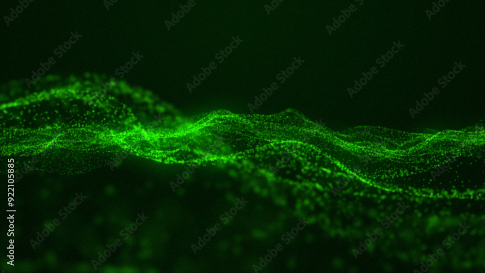 Poster digital waves of green particles create magical ripples. virtual reality cyberspace. creative soft b
