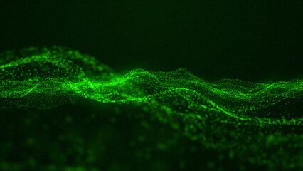 Digital waves of green particles create magical ripples. Virtual reality cyberspace. Creative soft bokeh, abstract noise background