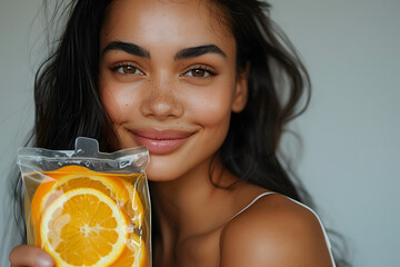 A woman in her 20s, holding an IV vitamin bag with orange slices, showcasing rejuvenation and revitalization benefits from an IV vitamin drip