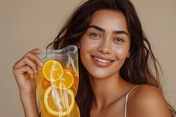 A woman in her 20s, holding an IV vitamin bag with orange slices, showcasing rejuvenation and revitalization benefits from an IV vitamin drip