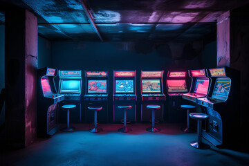 Old Unbranded Vintage Arcade Video Games in a dark gaming room with blue light. Old Unbranded Vintage Arcade Video Games in dark gaming room with blue and pink light with glowing displays and concrete