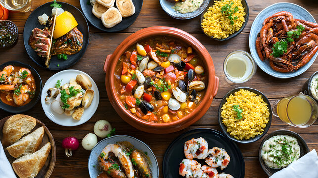 A feast of traditional Portuguese dishes arranged on a rustic table, highlighting the diverse culinary heritage of Portugal
