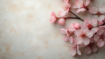 Delicate pink cherry blossoms forming spring border on textured background