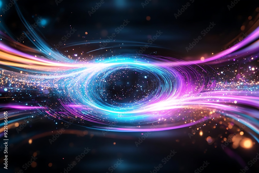 Poster a vibrant swirl of colorful lights and particles, creating a dynamic abstract composition on a dark 