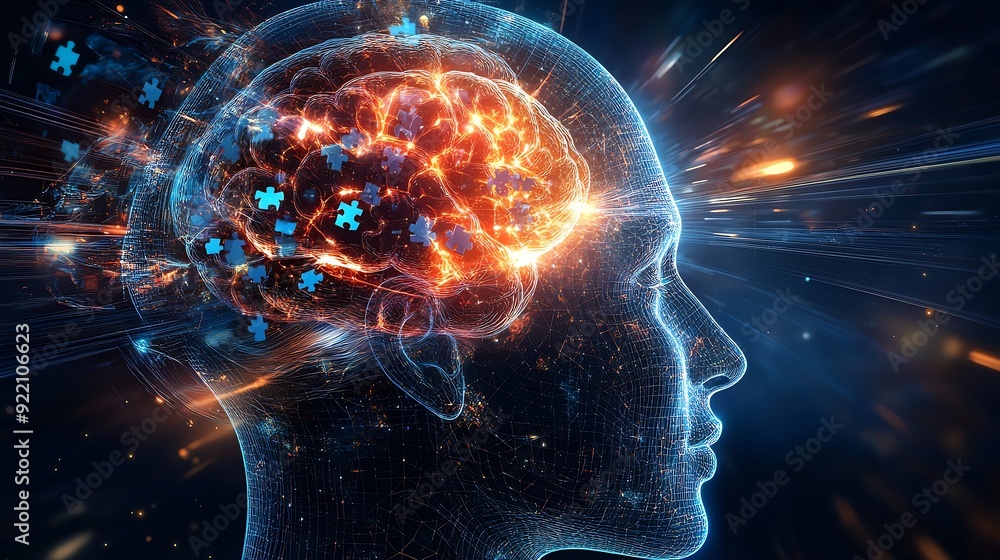 Poster a vibrant representation of the human brain in a digital format, showcasing neural activity and cogn