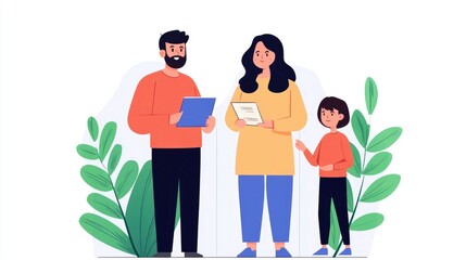 Parents Educating Kids About Budgeting and Wise Money Management Practices Through Flat Design Family Bonding and Financial Literacy Concept