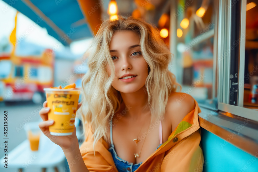 Sticker a woman sitting at a table with a cup of orange juice