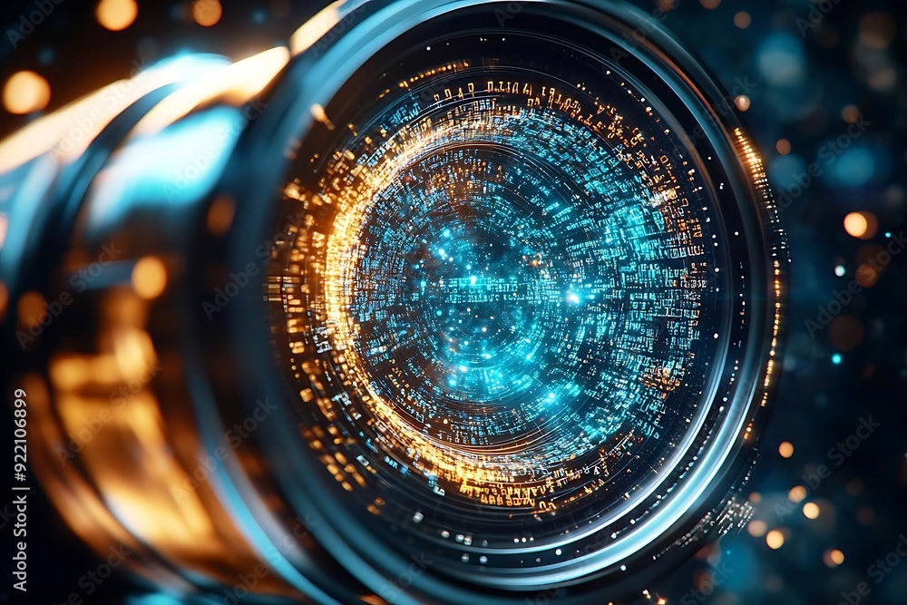 Aufkleber close-up of a camera lens with abstract digital patterns, blending colors and lights for a futuristi
