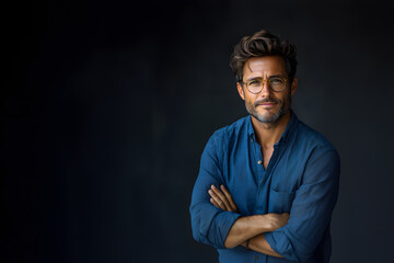 A handsome man with black glasses poses confidently in a stylish blue shirt. The image features a dark, minimalist background that accentuates his thoughtful expression and modern style.