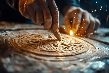Artisan carefully carving intricate patterns into wood, showcasing the skilled craftsmanship and dedication to traditional techniques.
