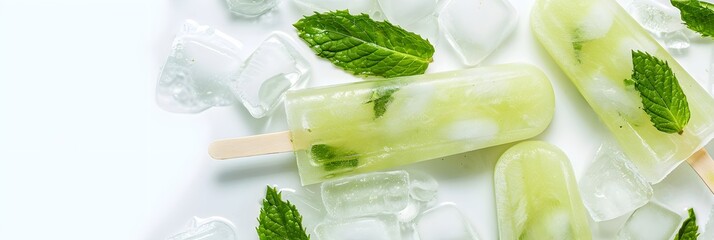 Obraz premium Green popsicles with mint leaves and ice on white