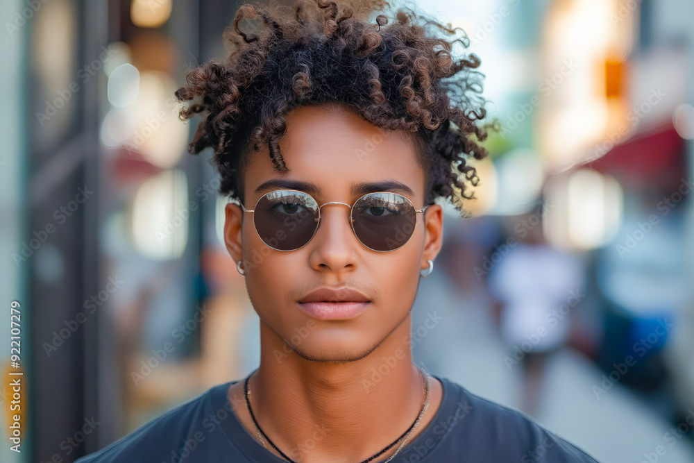 Sticker a young man with curly hair wearing sunglasses on a city street.