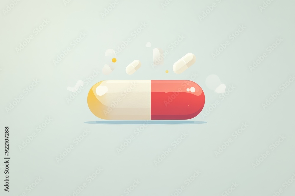 Poster abstract concept of red and white pills floating on a light background