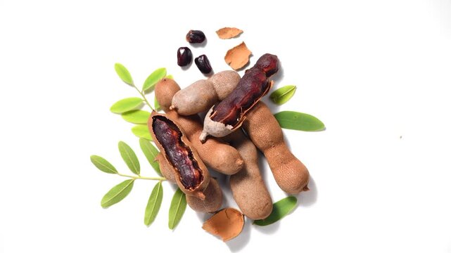 Tamarind fruit isolated on white background. Tamarind tropical pods with leaves rotating. Fresh Tamarind pods with leaves (Tamarindus indica, Indian date), healthy vegan food close up, from above 