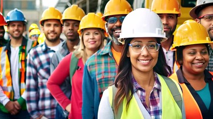Celebrate Labor Day with a diverse group of workers in hard hats and safety vests