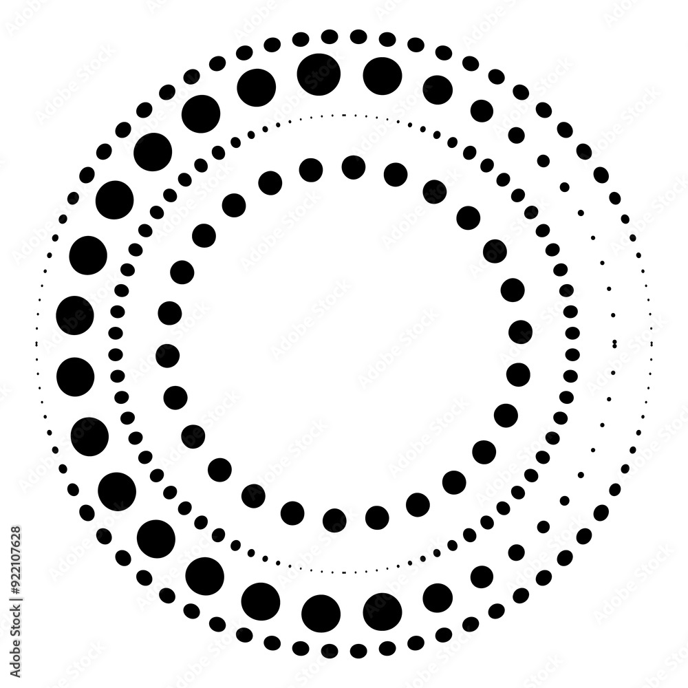 Poster halftone dotted speed lines circle. geometric art in circle form. round swirl movement symbol. halft