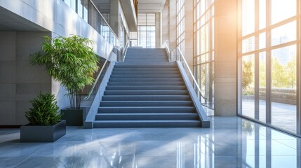 Obraz premium Modern Staircase with Sunlight Streaming Through Large Windows in a Contemporary Lobby
