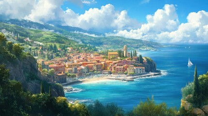 Naklejka premium Coastal Town on a Sunny Day