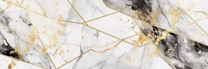 White, gold and black marble background. Horizontal abstract banner