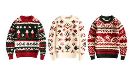 Set of three Christmas ugly sweaters, isolated on white background