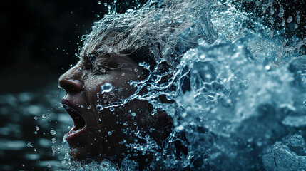 Dynamic close-up of a person submerged in water with splashes around the face, capturing intense emotions and raw energy in a dramatic scene.