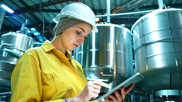 A woman with a tablet reviews production data in a large-scale ice cream manufacturing plant